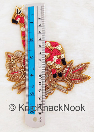 Hand Embroidered Giraffe Applique In Gold, Beige, Red And Black Zardozi Threadwork